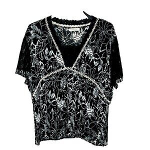 Coldwater Creek Top  XL V Neck Lace Insert Crochet Trim Crinkle Sheer Dark Fairy